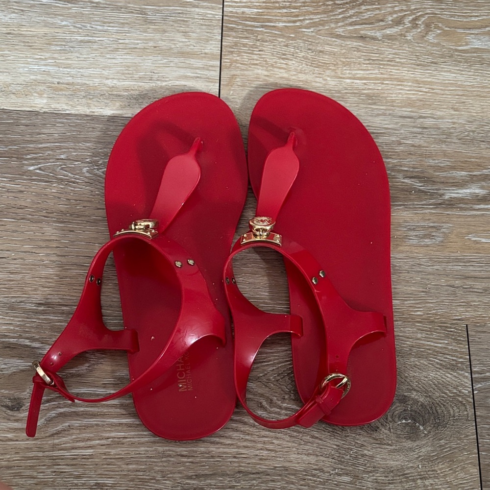 Michael Kors Bold Red Sandals with Gold Accents - Picture 2 of 2